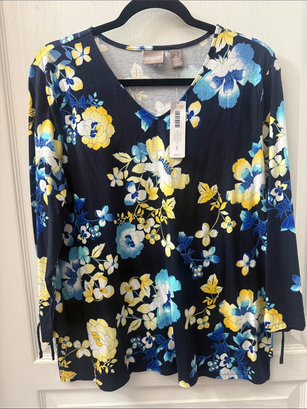 Chico's Black Floral V-Neck Long Sleeve Top with Blue & Yellow Blooms